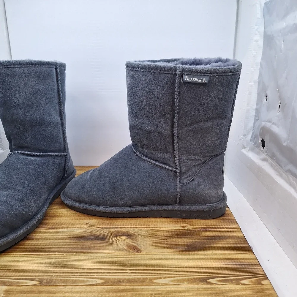 Bearpaw Emma Boots Womens 11 Charcoal Suede Sheepskin Lined Mid Calf Winter